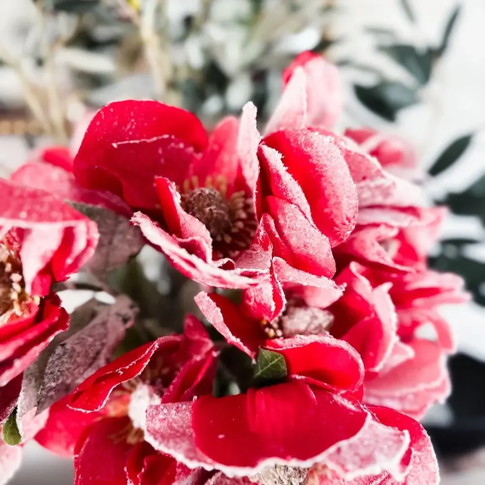 Snowy Frosted holiday red Magnolia Christmas stems Bundle artificial flowers